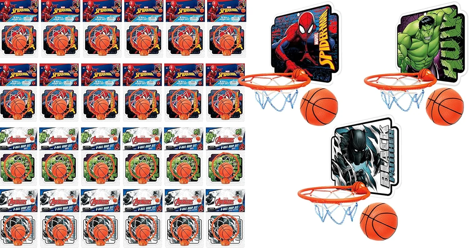 JA-RU Marvel Avengers & Spiderman Mini Basketball Hoop w/Ball (24 Hoops) Small Basketball Boys Toys for Kids. Indoor Basketball Hoop Net on Wall, Door, & Bedroom. Office Sports Games. ABC-6822-24s
