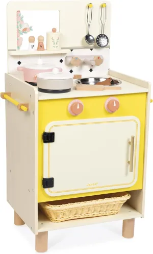 Janod - Wooden Children's Kitchen - Equipped with Oven, Sink and 11 Accessories Included - Rotating Sound Buttons - Imitation Toy and Learning - from 2 Years, J06641, Yellow