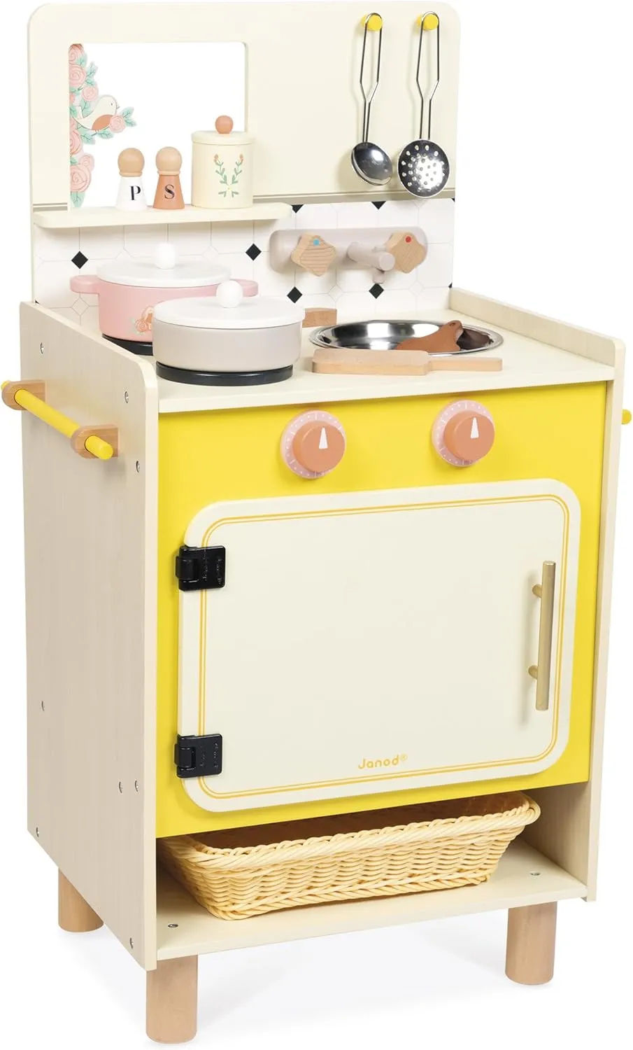 Janod - Wooden Children's Kitchen - Equipped with Oven, Sink and 11 Accessories Included - Rotating Sound Buttons - Imitation Toy and Learning - from 2 Years, J06641, Yellow