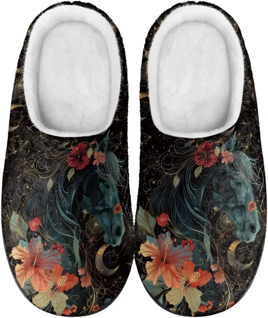 Jeiento Horse Warm Slippers for Women - Fuzzy Fluffy Hotel House Indoor Slippers Winter Closed Toe