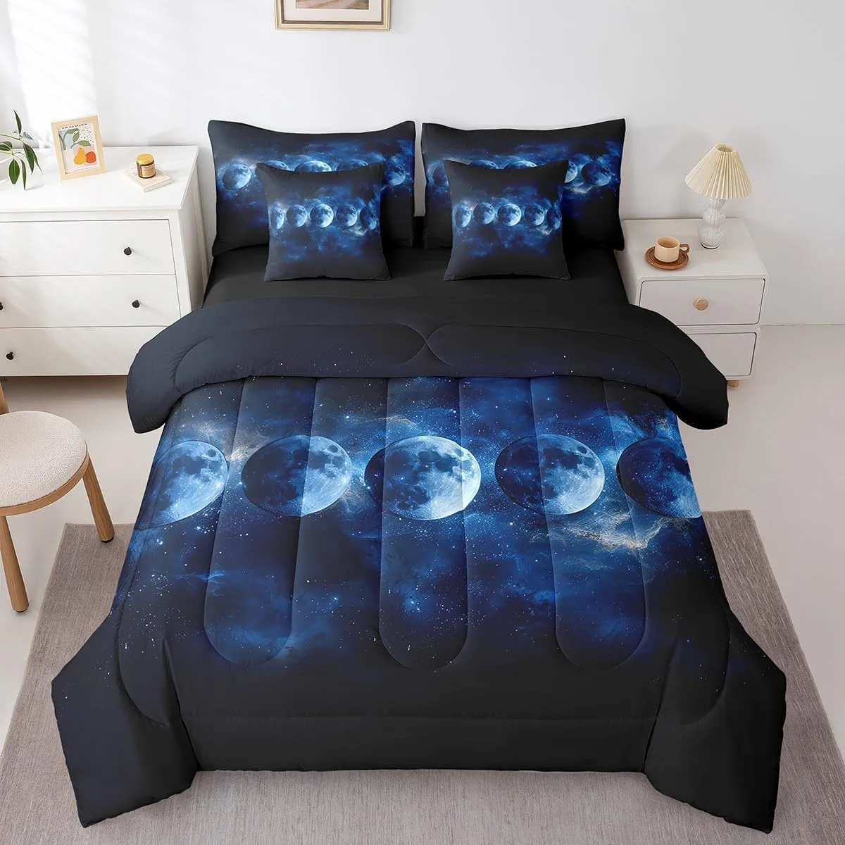 jejeloiu Blue Solar System Queen Comforter Set with Sheets Outer Space 7 Pieces Bedding Set for Kids Boys Girls Teens Room Decor Universe Planets Bed in a Bag Queen Size Galaxy Bed Set