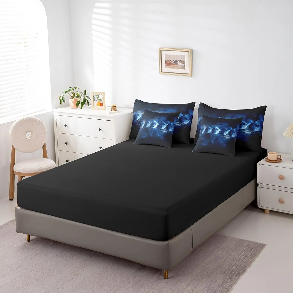 jejeloiu Blue Solar System Queen Comforter Set with Sheets Outer Space 7 Pieces Bedding Set for Kids Boys Girls Teens Room Decor Universe Planets Bed in a Bag Queen Size Galaxy Bed Set