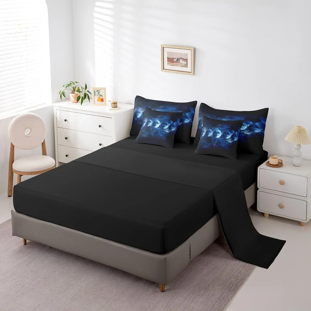 jejeloiu Blue Solar System Queen Comforter Set with Sheets Outer Space 7 Pieces Bedding Set for Kids Boys Girls Teens Room Decor Universe Planets Bed in a Bag Queen Size Galaxy Bed Set