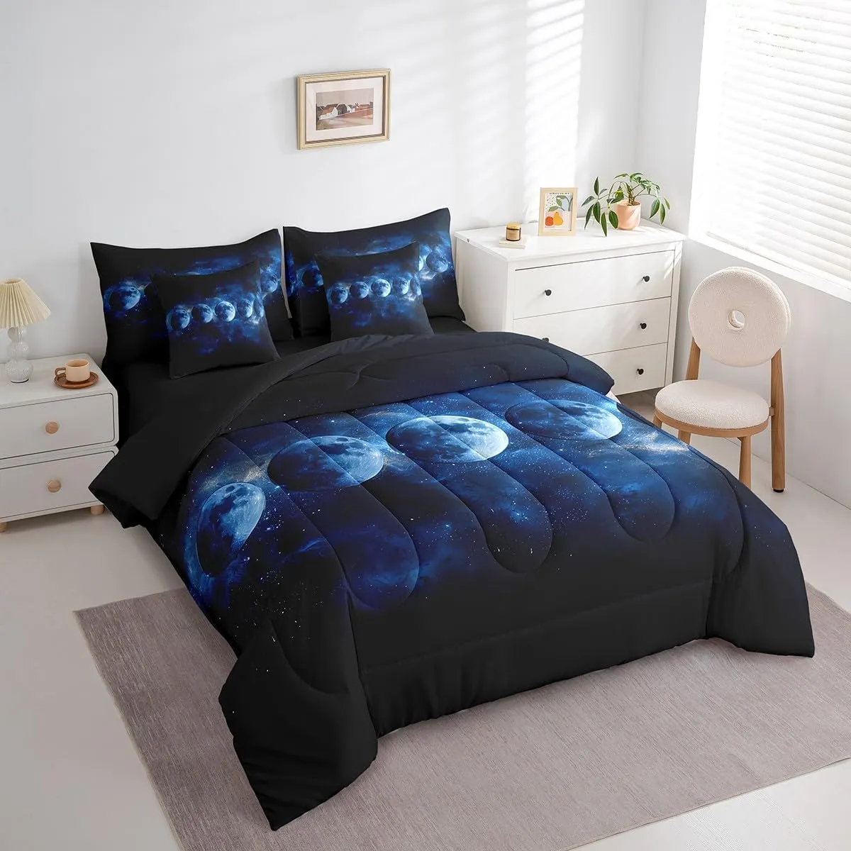 jejeloiu Blue Solar System Queen Comforter Set with Sheets Outer Space 7 Pieces Bedding Set for Kids Boys Girls Teens Room Decor Universe Planets Bed in a Bag Queen Size Galaxy Bed Set