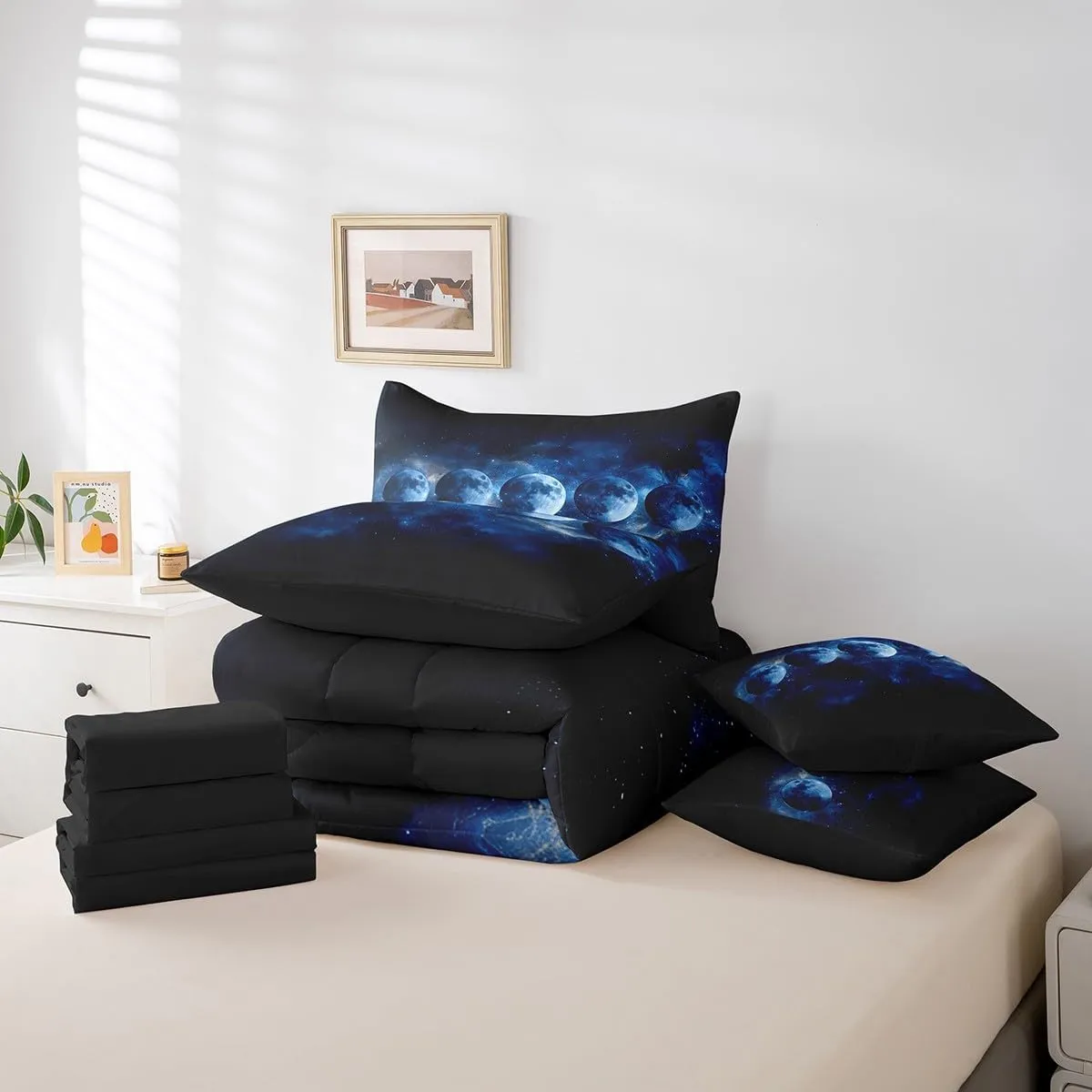 jejeloiu Blue Solar System Queen Comforter Set with Sheets Outer Space 7 Pieces Bedding Set for Kids Boys Girls Teens Room Decor Universe Planets Bed in a Bag Queen Size Galaxy Bed Set