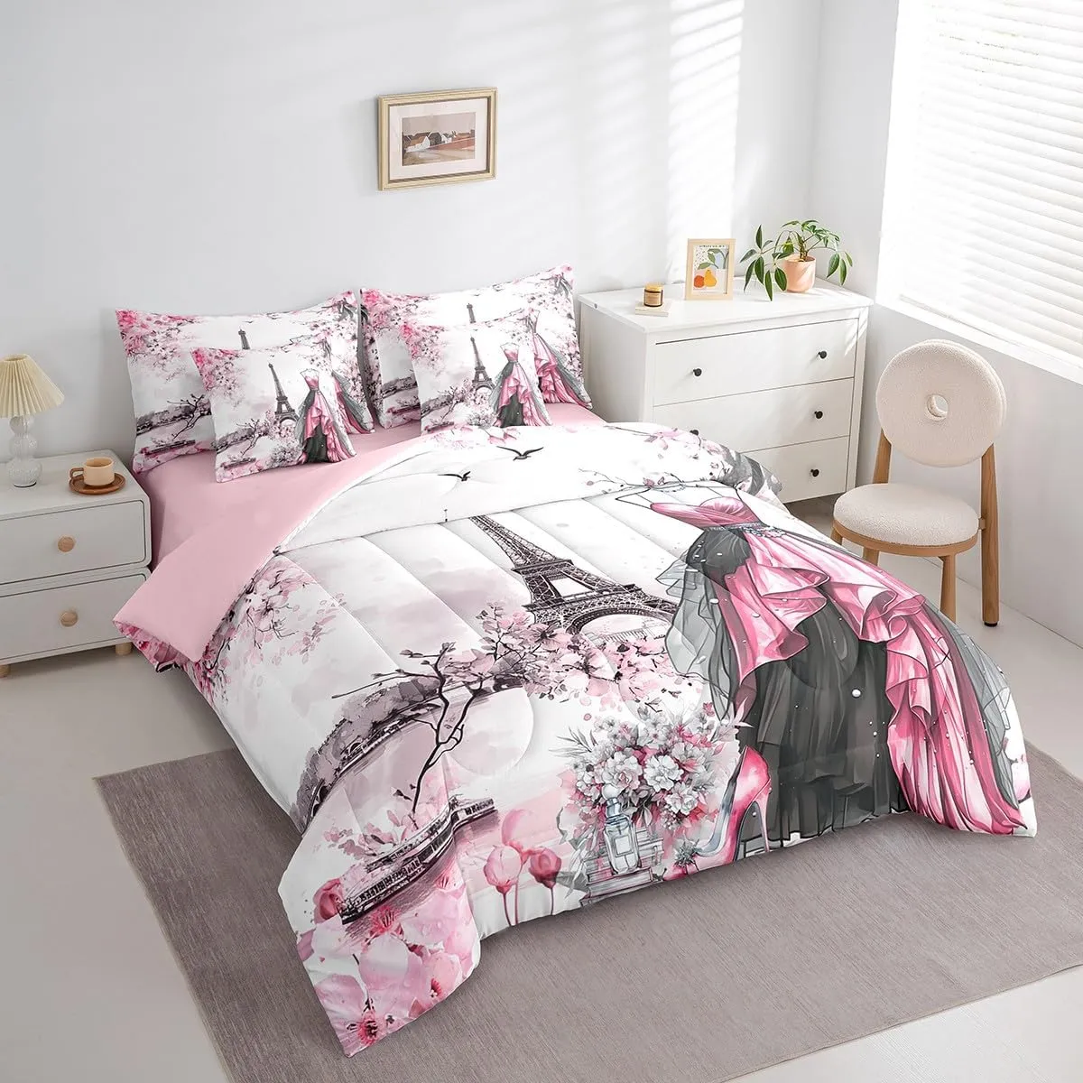 jejeloiu Eiffel Tower Comforter Set with Sheets Full Size 7 Pieces Girls Dress Floral Flower Pink Bedding Set for Women Adults Teens Modern French Paris Style Romantic City Bed in a Bag Room Decor