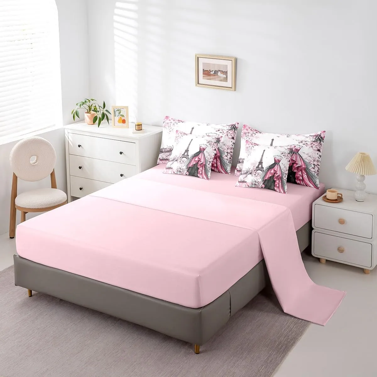 jejeloiu Eiffel Tower Comforter Set with Sheets Full Size 7 Pieces Girls Dress Floral Flower Pink Bedding Set for Women Adults Teens Modern French Paris Style Romantic City Bed in a Bag Room Decor