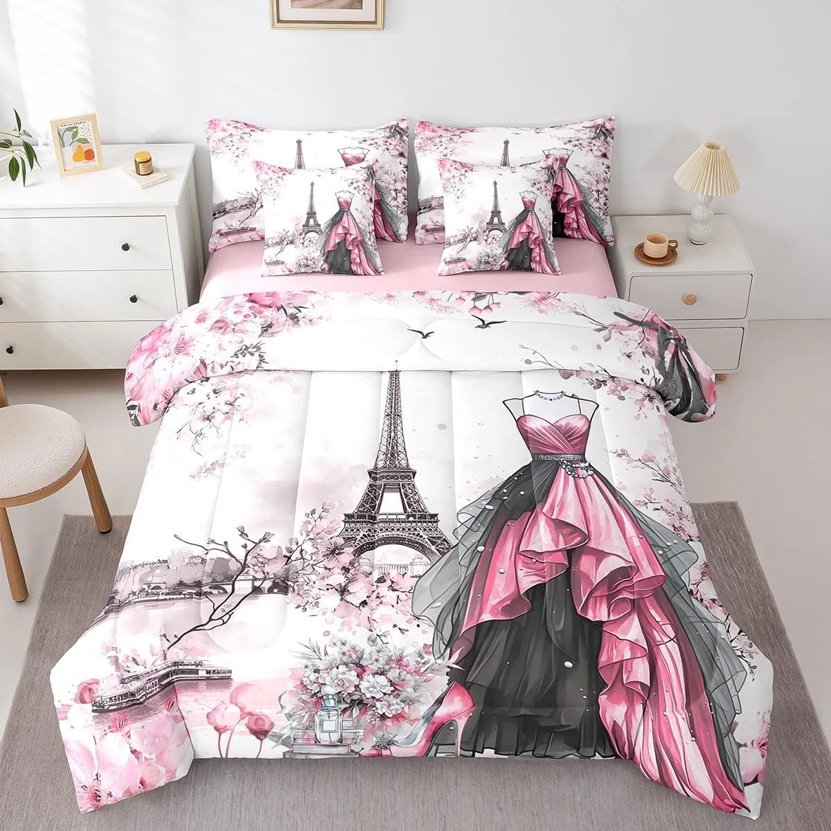 jejeloiu Eiffel Tower Comforter Set with Sheets Full Size 7 Pieces Girls Dress Floral Flower Pink Bedding Set for Women Adults Teens Modern French Paris Style Romantic City Bed in a Bag Room Decor
