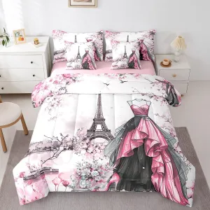 jejeloiu Eiffel Tower Comforter Set with Sheets Full Size 7 Pieces Girls Dress Floral Flower Pink Bedding Set for Women Adults Teens Modern French Paris Style Romantic City Bed in a Bag Room Decor