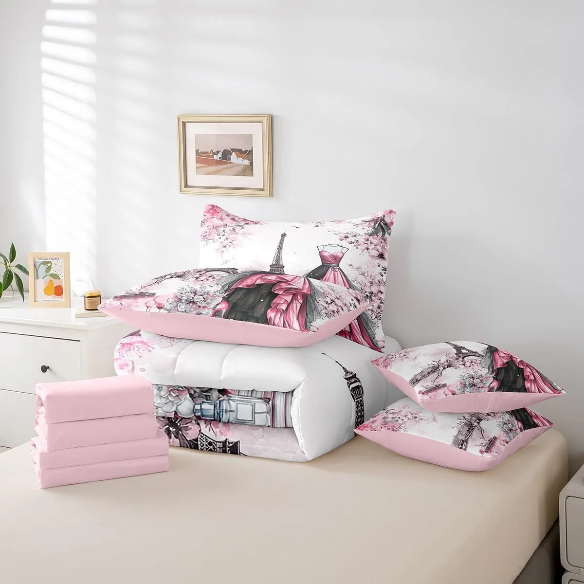 jejeloiu Eiffel Tower Comforter Set with Sheets Full Size 7 Pieces Girls Dress Floral Flower Pink Bedding Set for Women Adults Teens Modern French Paris Style Romantic City Bed in a Bag Room Decor