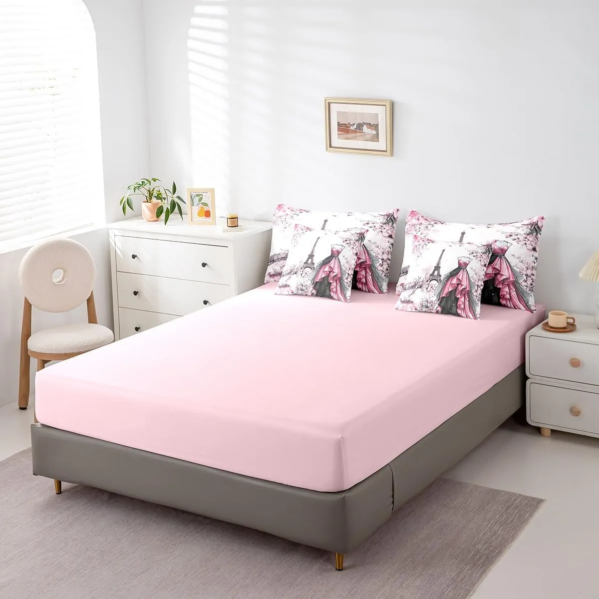 jejeloiu Eiffel Tower Comforter Set with Sheets Full Size 7 Pieces Girls Dress Floral Flower Pink Bedding Set for Women Adults Teens Modern French Paris Style Romantic City Bed in a Bag Room Decor