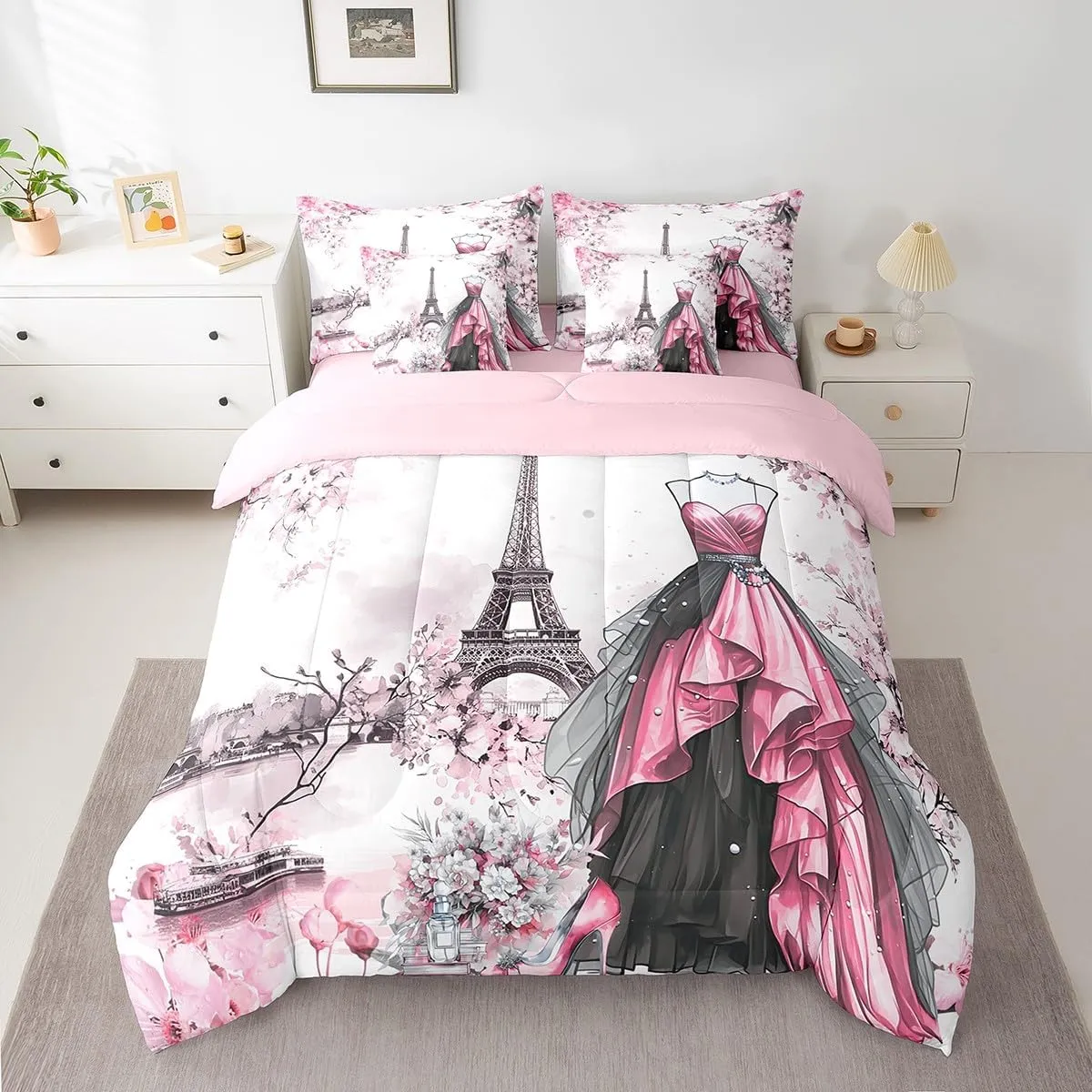 jejeloiu Eiffel Tower Comforter Set with Sheets Full Size 7 Pieces Girls Dress Floral Flower Pink Bedding Set for Women Adults Teens Modern French Paris Style Romantic City Bed in a Bag Room Decor