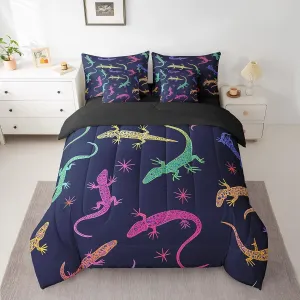 jejeloiu Kids Full Size 7 Pieces Colorful Lizards Comforter Set Exotic Creatures Bedding Set for Girl Boys Wild Animals Bed Set Bed in a Bag with Comforter, Sheets, Pillowcases & Cushion Covers
