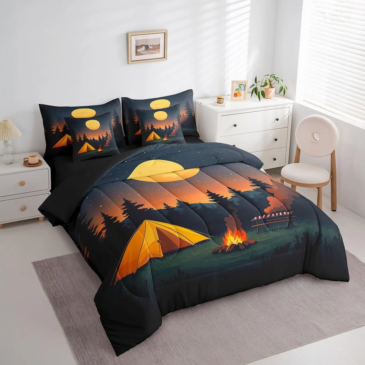 jejeloiu Happy Camping Comforter Set 7 Pieces Comforters for Girls Boys Kids Full Size Bonfire Campsite Bedding Set Camper Bed Set Bed in a Bag with Comforter, Sheets, Pillowcases & Cushion Covers