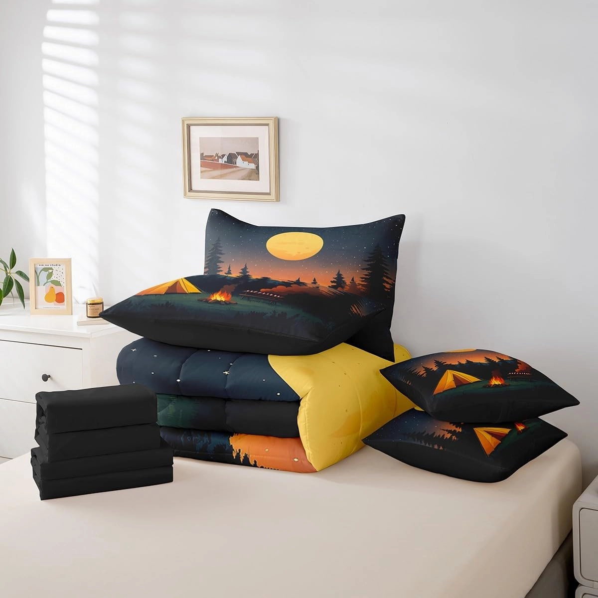 jejeloiu Happy Camping Comforter Set 7 Pieces Comforters for Girls Boys Kids Full Size Bonfire Campsite Bedding Set Camper Bed Set Bed in a Bag with Comforter, Sheets, Pillowcases & Cushion Covers