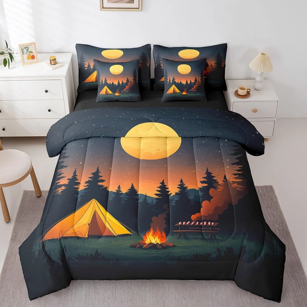 jejeloiu Happy Camping Comforter Set 7 Pieces Comforters for Girls Boys Kids Full Size Bonfire Campsite Bedding Set Camper Bed Set Bed in a Bag with Comforter, Sheets, Pillowcases & Cushion Covers