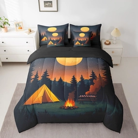 jejeloiu Happy Camping Comforter Set 7 Pieces Comforters for Girls Boys Kids Full Size Bonfire Campsite Bedding Set Camper Bed Set Bed in a Bag with Comforter, Sheets, Pillowcases & Cushion Covers