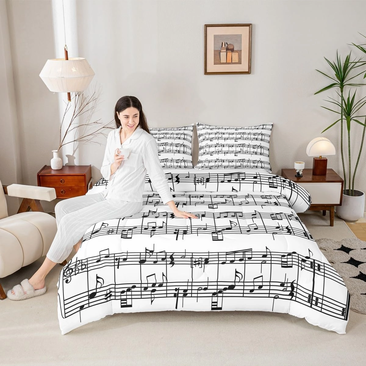 jejeloiu Music Comforter Set with Sheets Musical Notes 7 Piece Bedding Set for Kids Boys Girls Piano Notation Bed in a Bag Music Grunge Style Bed Set Full Size