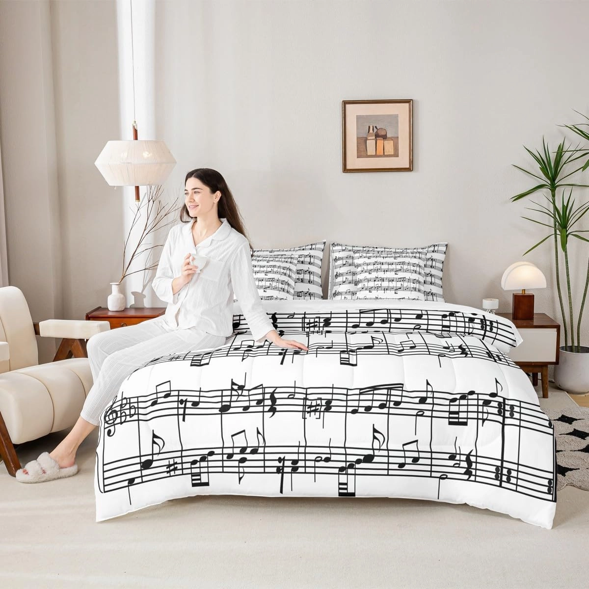 jejeloiu Music Comforter Set with Sheets Musical Notes 7 Piece Bedding Set for Kids Boys Girls Piano Notation Bed in a Bag Music Grunge Style Bed Set Full Size