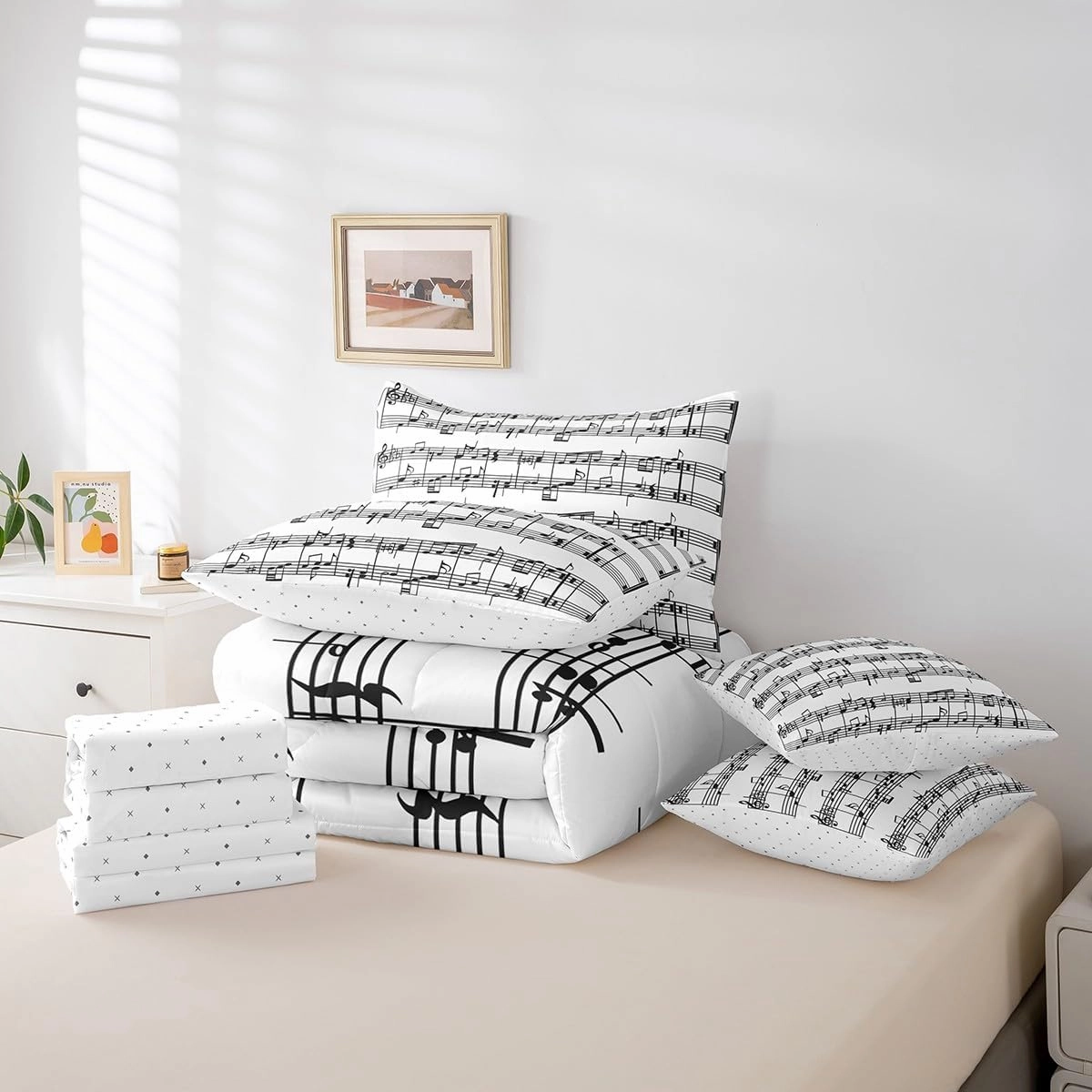 jejeloiu Music Comforter Set with Sheets Musical Notes 7 Piece Bedding Set for Kids Boys Girls Piano Notation Bed in a Bag Music Grunge Style Bed Set Full Size