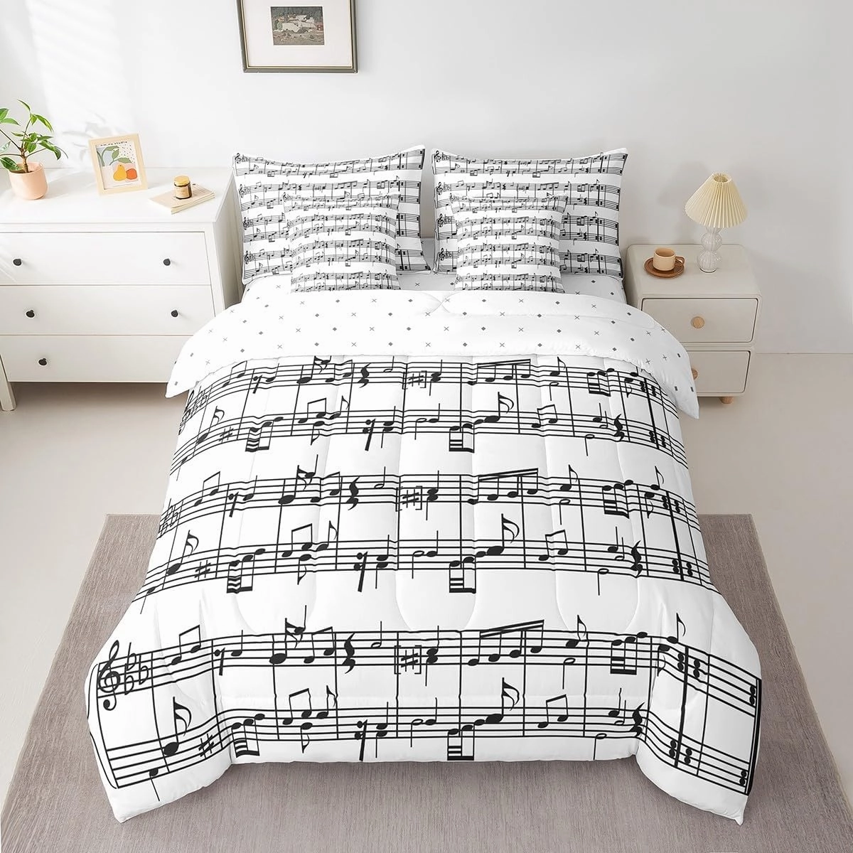jejeloiu Music Comforter Set with Sheets Musical Notes 7 Piece Bedding Set for Kids Boys Girls Piano Notation Bed in a Bag Music Grunge Style Bed Set Full Size