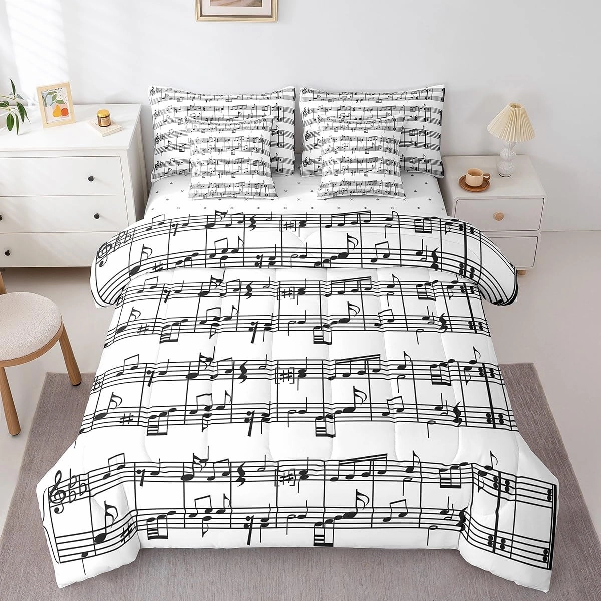 jejeloiu Music Comforter Set with Sheets Musical Notes 7 Piece Bedding Set for Kids Boys Girls Piano Notation Bed in a Bag Music Grunge Style Bed Set Full Size