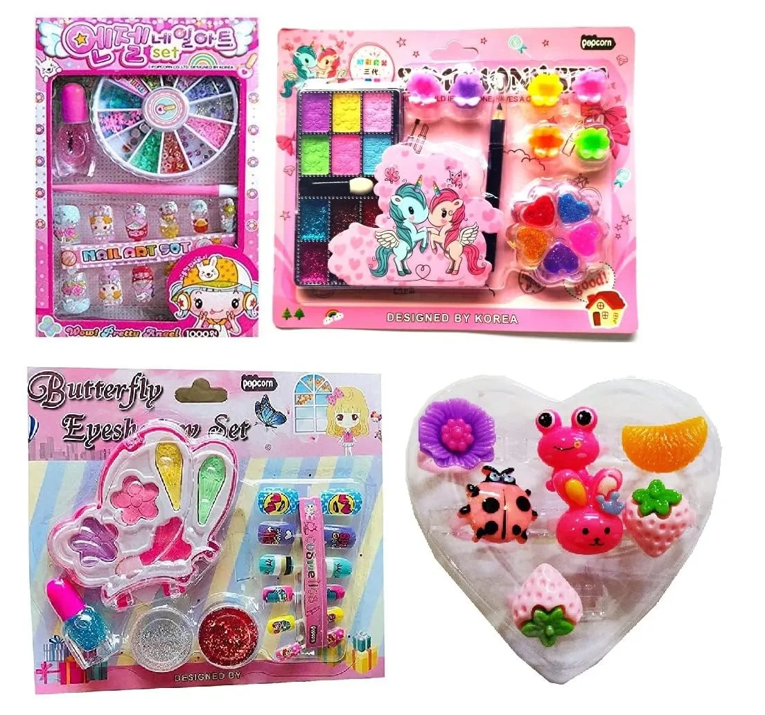 JELLIFY Combo of Makeup Kit Eye Shadow Kit with Hair Clips,Eyebrow Pencil and Glitters Nail Art & 7pcs Adjustable Ring for Kids Girls for Birthday Gift Multicolour Random Color Send