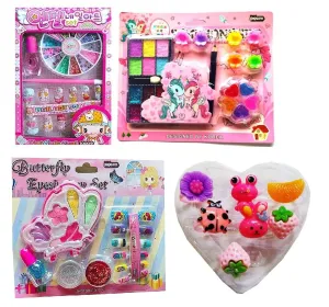 JELLIFY Combo of Makeup Kit Eye Shadow Kit with Hair Clips,Eyebrow Pencil and Glitters Nail Art & 7pcs Adjustable Ring for Kids Girls for Birthday Gift Multicolour Random Color Send