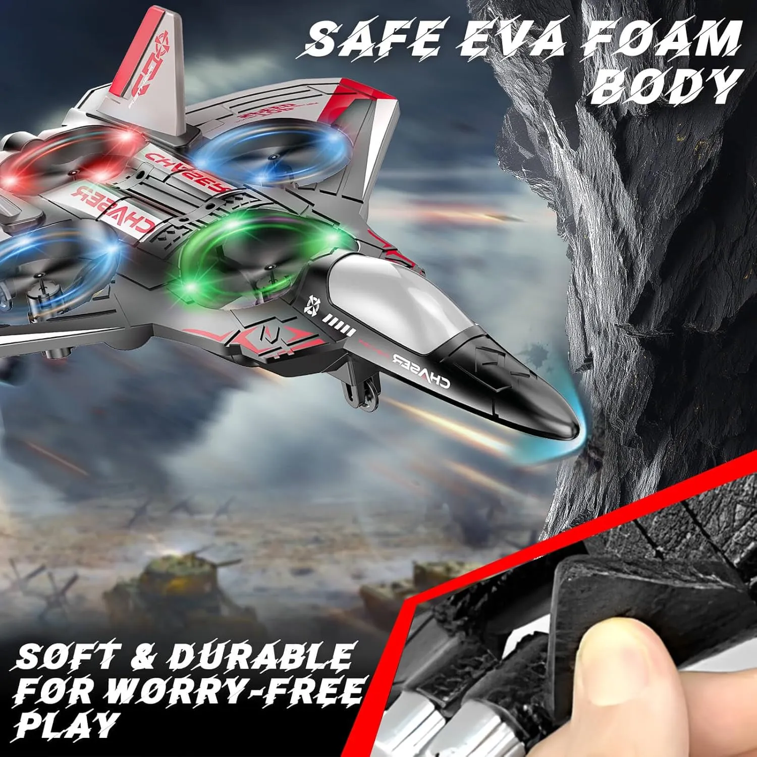 Jet Fighter Stunt RC Plane - Foam Remote Control Drone Helicopter Airplane with LED Lights, Drones for Kids, Toys for Ages 8-13, Gifts for 6 7 8 10 12 13 14 Year Old Boys Birthday Christmas
