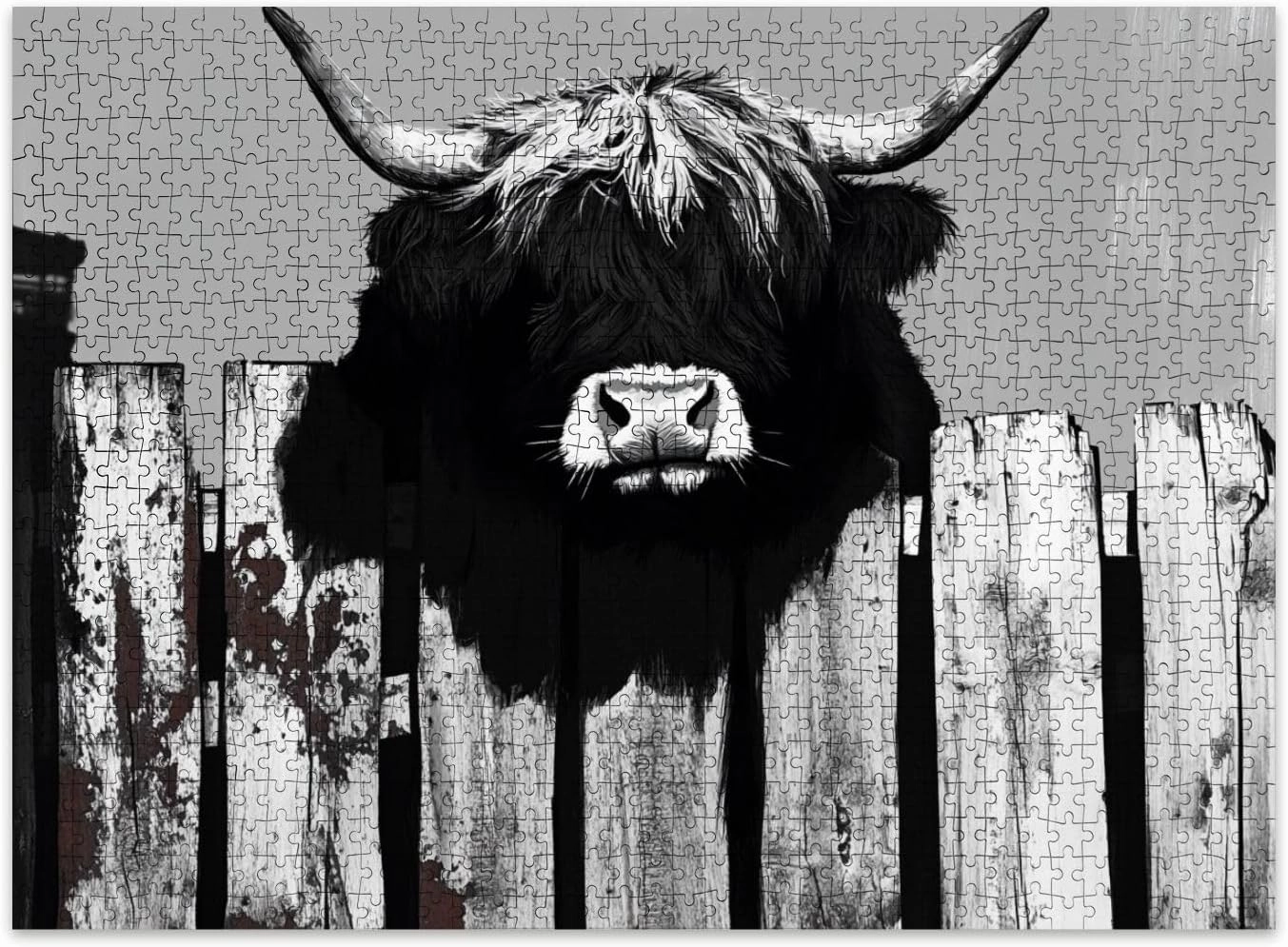 Jigsaw Puzzles 500 Pieces for Adult Black White Highland Cow as Mythological Guardian Graffiti Art Puzzle Game for Family Wooden Puzzle Toy Educational Games Puzzles for Home Decor