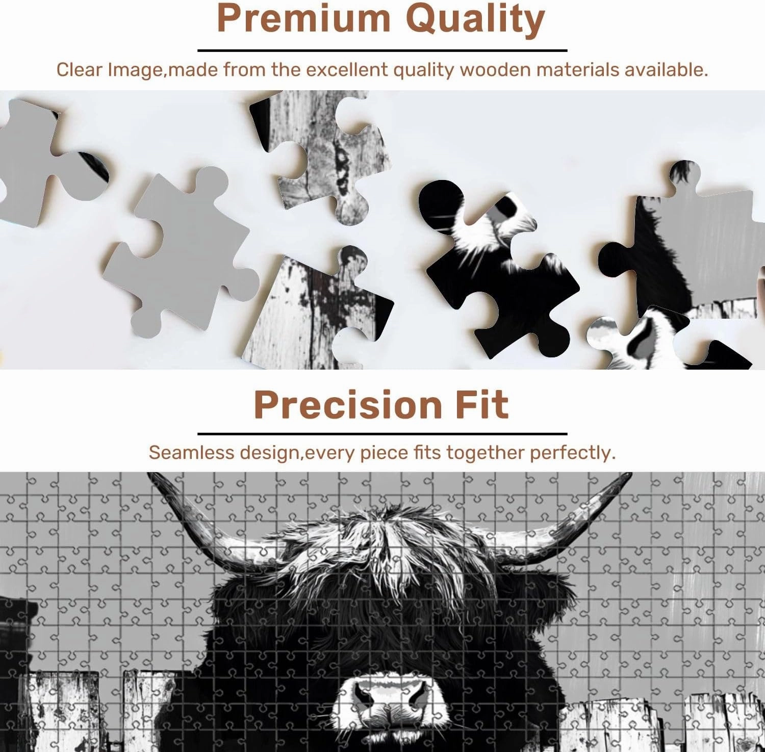 Jigsaw Puzzles 500 Pieces for Adult Black White Highland Cow as Mythological Guardian Graffiti Art Puzzle Game for Family Wooden Puzzle Toy Educational Games Puzzles for Home Decor