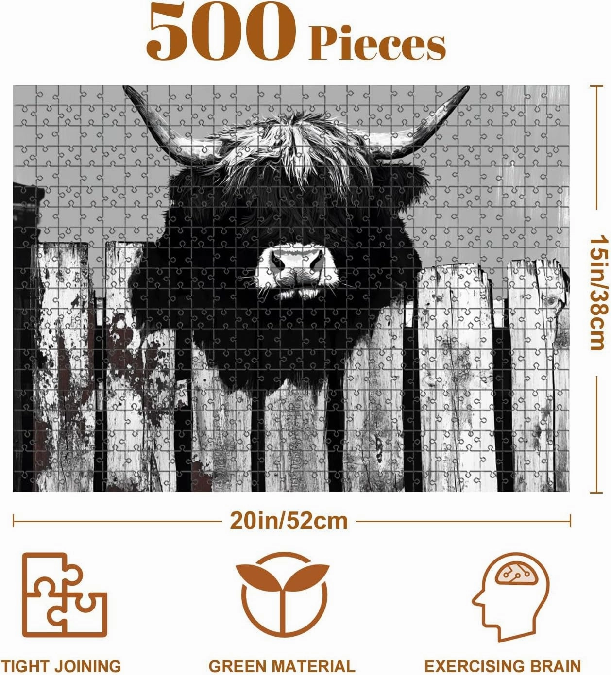 Jigsaw Puzzles 500 Pieces for Adult Black White Highland Cow as Mythological Guardian Graffiti Art Puzzle Game for Family Wooden Puzzle Toy Educational Games Puzzles for Home Decor