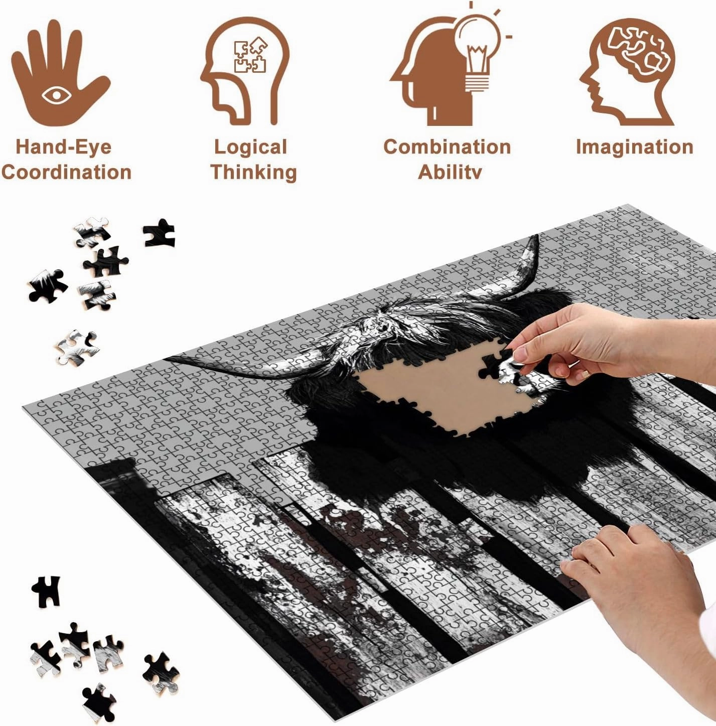 Jigsaw Puzzles 500 Pieces for Adult Black White Highland Cow as Mythological Guardian Graffiti Art Puzzle Game for Family Wooden Puzzle Toy Educational Games Puzzles for Home Decor
