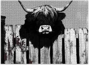 Jigsaw Puzzles 500 Pieces for Adult Black White Highland Cow as Mythological Guardian Graffiti Art Puzzle Game for Family Wooden Puzzle Toy Educational Games Puzzles for Home Decor