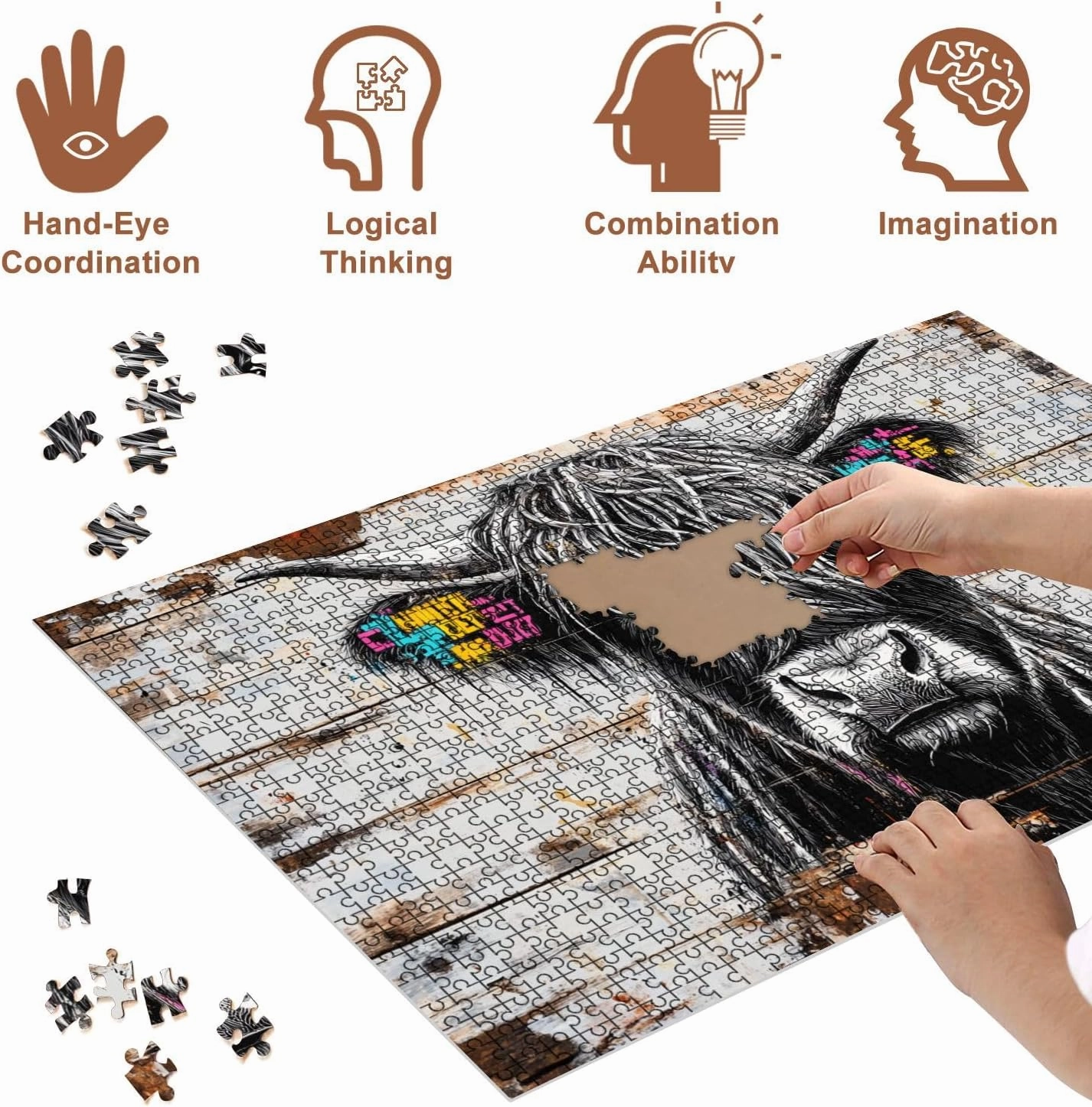 Jigsaw Puzzles 500 Pieces for Adult Vibrant Graffiti Highland Cow Rustic Wooden Texture Puzzle Game for Family Wooden Puzzle Toy Educational Games Puzzles for Home Decor