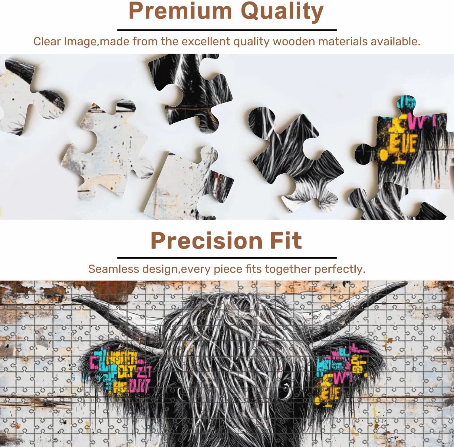 Jigsaw Puzzles 500 Pieces for Adult Vibrant Graffiti Highland Cow Rustic Wooden Texture Puzzle Game for Family Wooden Puzzle Toy Educational Games Puzzles for Home Decor