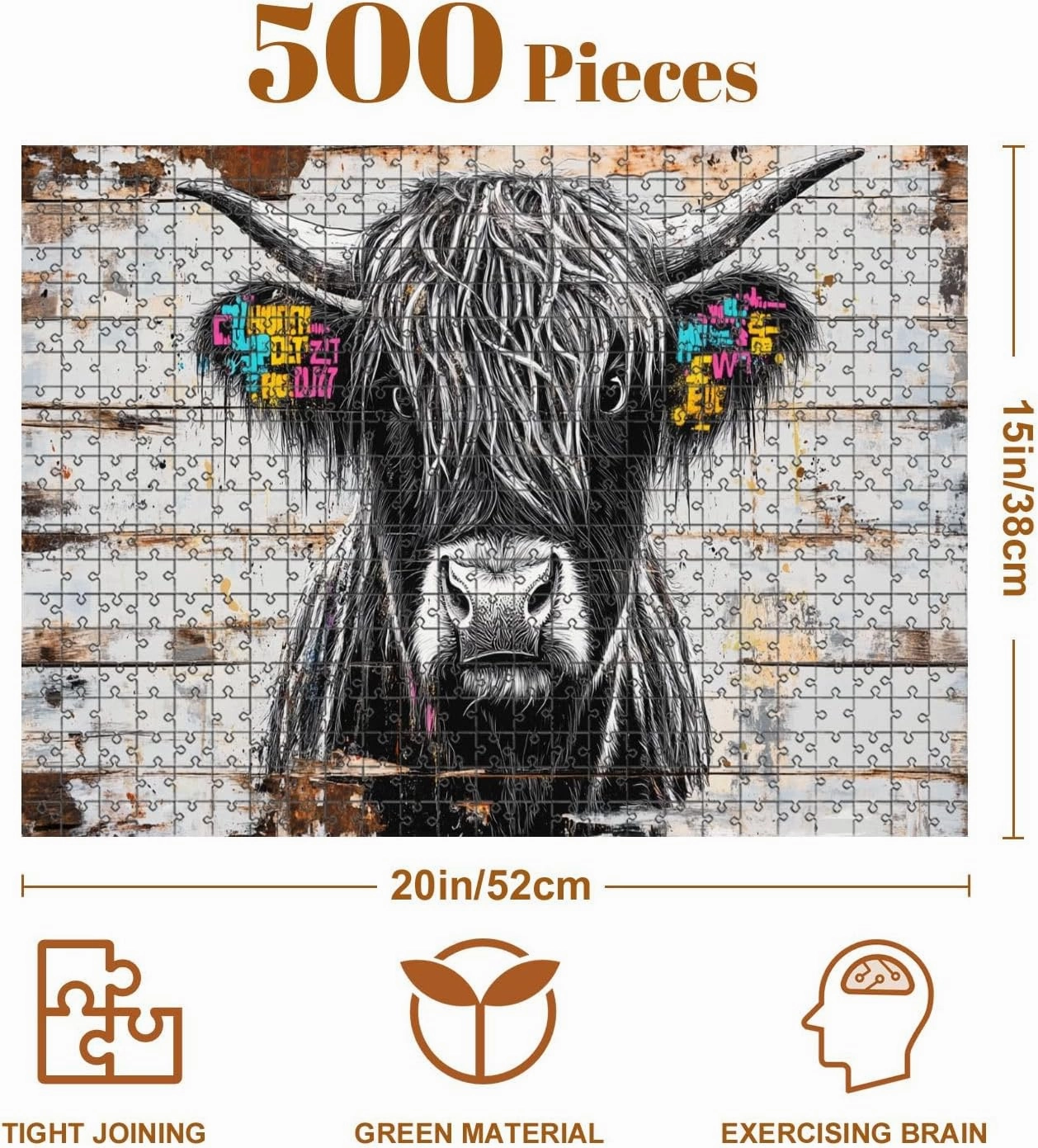 Jigsaw Puzzles 500 Pieces for Adult Vibrant Graffiti Highland Cow Rustic Wooden Texture Puzzle Game for Family Wooden Puzzle Toy Educational Games Puzzles for Home Decor