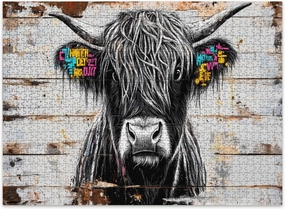Jigsaw Puzzles 500 Pieces for Adult Vibrant Graffiti Highland Cow Rustic Wooden Texture Puzzle Game for Family Wooden Puzzle Toy Educational Games Puzzles for Home Decor
