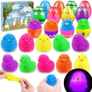 JOICEE 24 Pack Easter Eggs Filled LED Chick Duck Puffer Balls,Light Up Glowing Stress Relief Fidget Squeeze Sensory Soft Ball for Kids Easter Basket Stuffers Easter Eggs Hunt Gifts Party Favors
