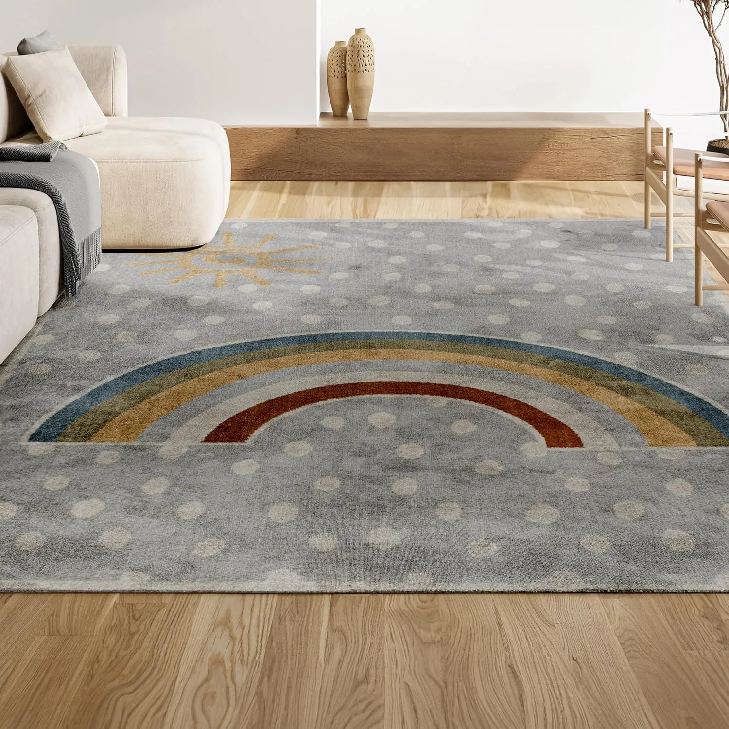 JONATHAN Y KDW102A-3 Minha Rainbow Dot Modern Machine-Washable Indoor Area Rug, Kids & Novelty, Casual, Classic, Bedroom, Kitchen, Living Room, Easy-Cleaning, Non-Shedding, 3 X 5, Gray/Ivory/Yellow
