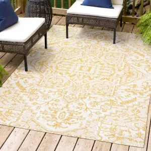 JONATHAN Y SMB105H-8 Estrella Bohemian Medallion Textured Weave Indoor Outdoor Area-Rug, Coastal Traditional Easy-Cleaning,Bedroom,Kitchen,Backyard,Patio,Non Shedding, 8 X 10, Cream/Yellow