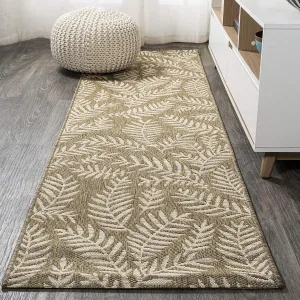 JONATHAN Y SMB119A-210 Nevis Palm Frond Indoor Outdoor Runner Rug Coastal Floral Easy Cleaning Bedroom Kitchen Backyard Patio Non Shedding, 2 X 10, Brown/Beige
