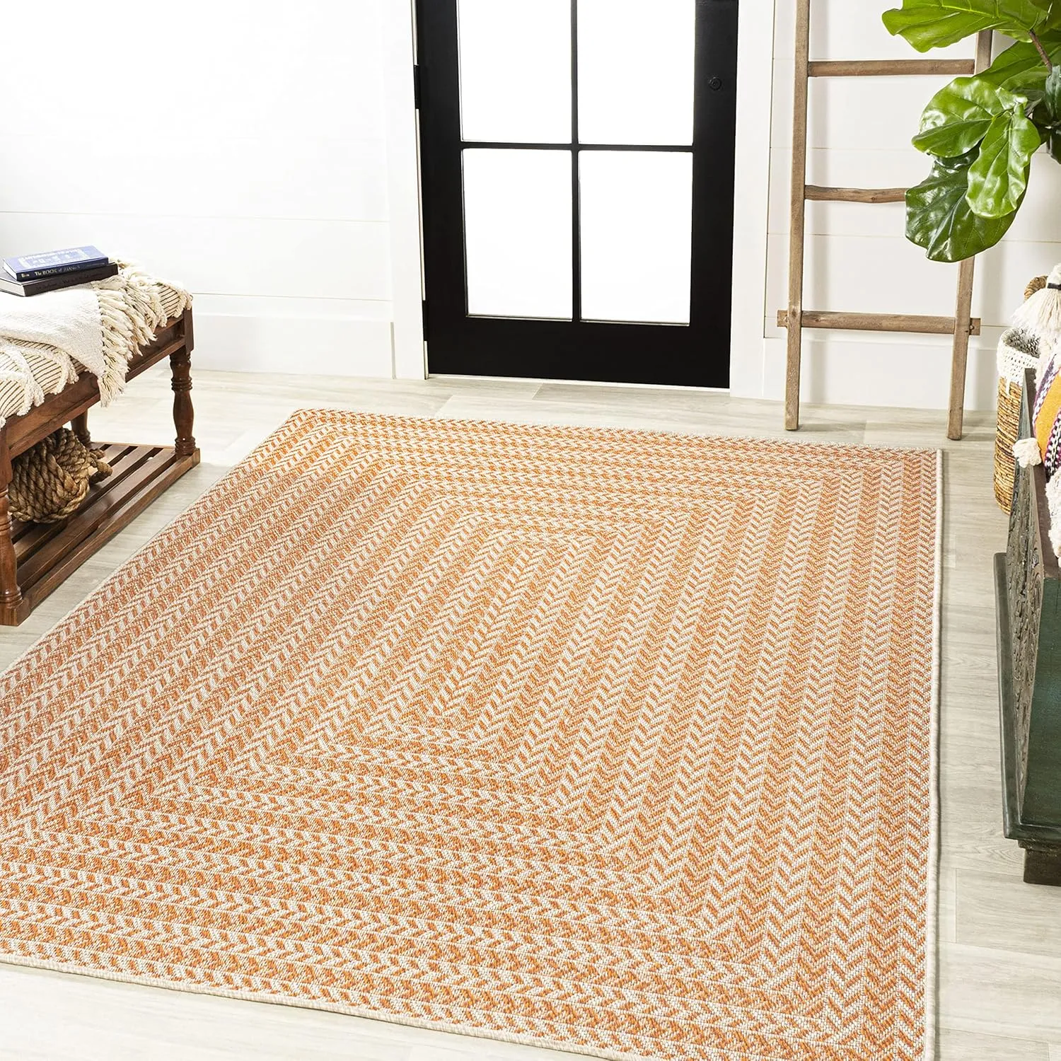 JONATHAN Y SMB206C-5 Chevron Modern Concentric Squares Braided Indoor Outdoor Area Rug, Farmhouse, Traditional Easy Clean,Bedroom,Kitchen,Backyard,Patio,Non Shedding, Orange/Cream, 5 X 8