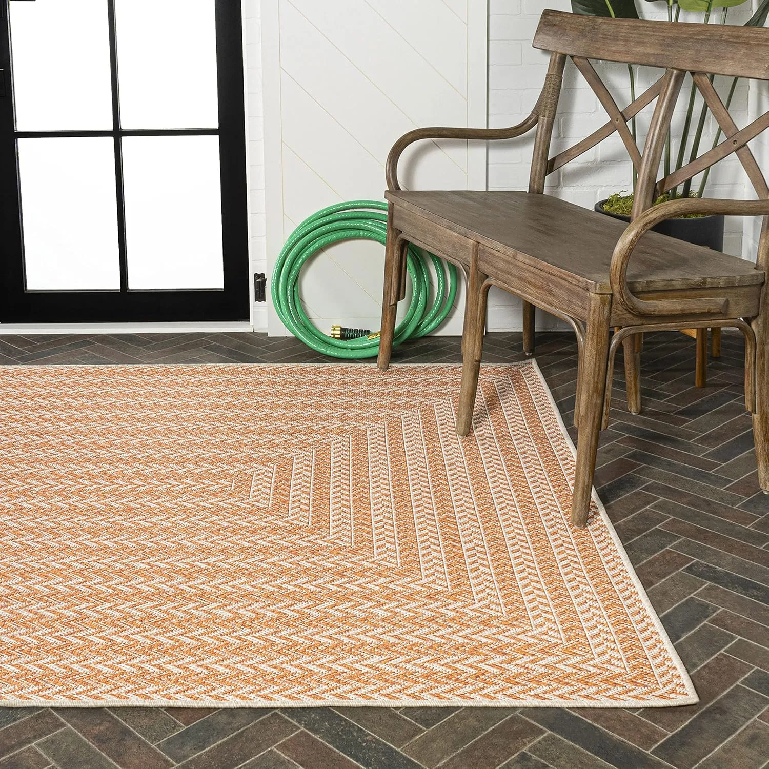 JONATHAN Y SMB206C-5 Chevron Modern Concentric Squares Braided Indoor Outdoor Area Rug, Farmhouse, Traditional Easy Clean,Bedroom,Kitchen,Backyard,Patio,Non Shedding, Orange/Cream, 5 X 8