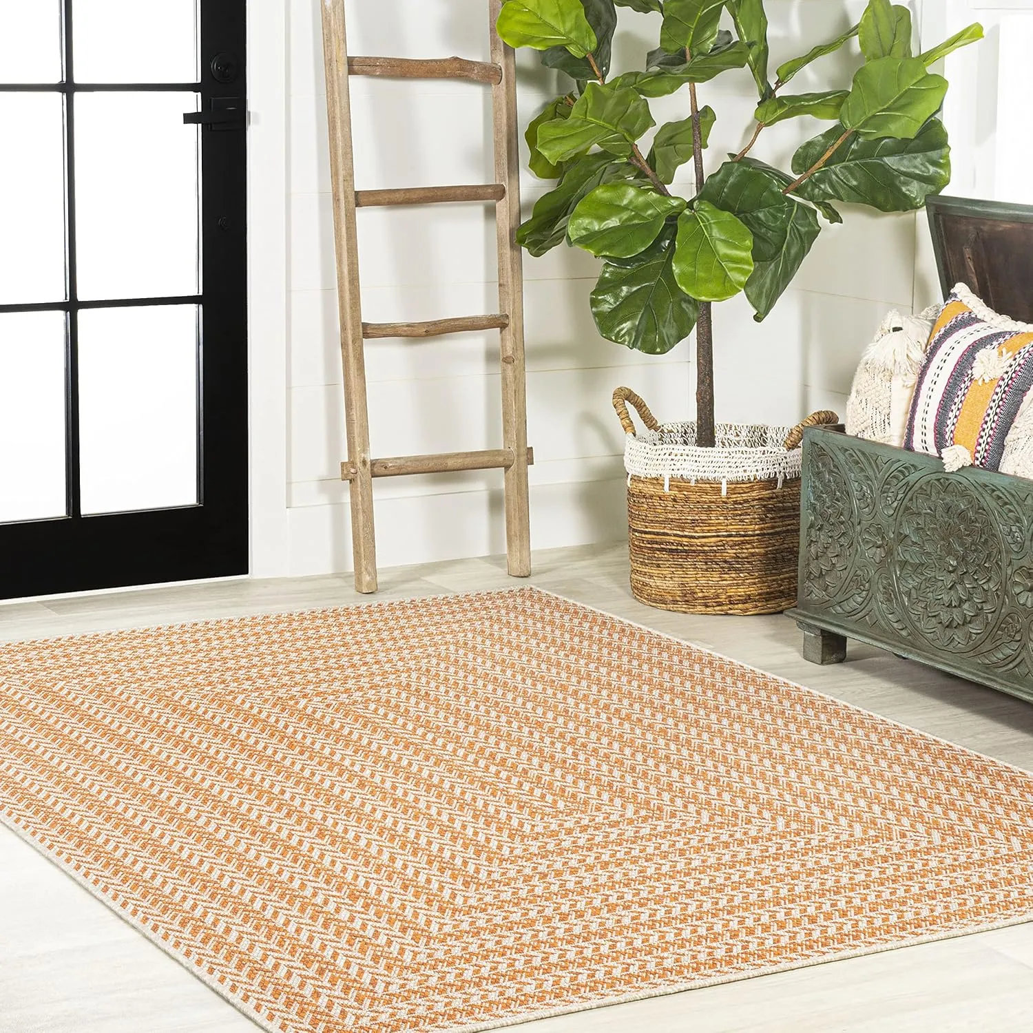 JONATHAN Y SMB206C-5 Chevron Modern Concentric Squares Braided Indoor Outdoor Area Rug, Farmhouse, Traditional Easy Clean,Bedroom,Kitchen,Backyard,Patio,Non Shedding, Orange/Cream, 5 X 8