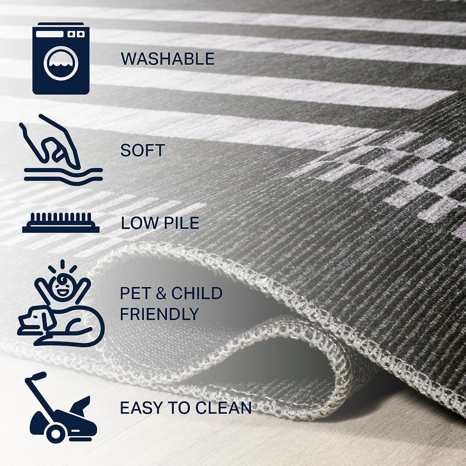 JONATHAN Y WSH122A-9 Vichy Geometric Striped Machine-Washable Indoor Area -Rug, Farmhouse Midcentury Rustic Easy -Cleaning,Bedroom,Kitchen,Living Room,Non Shedding, Ivory/Navy, 9 X 12