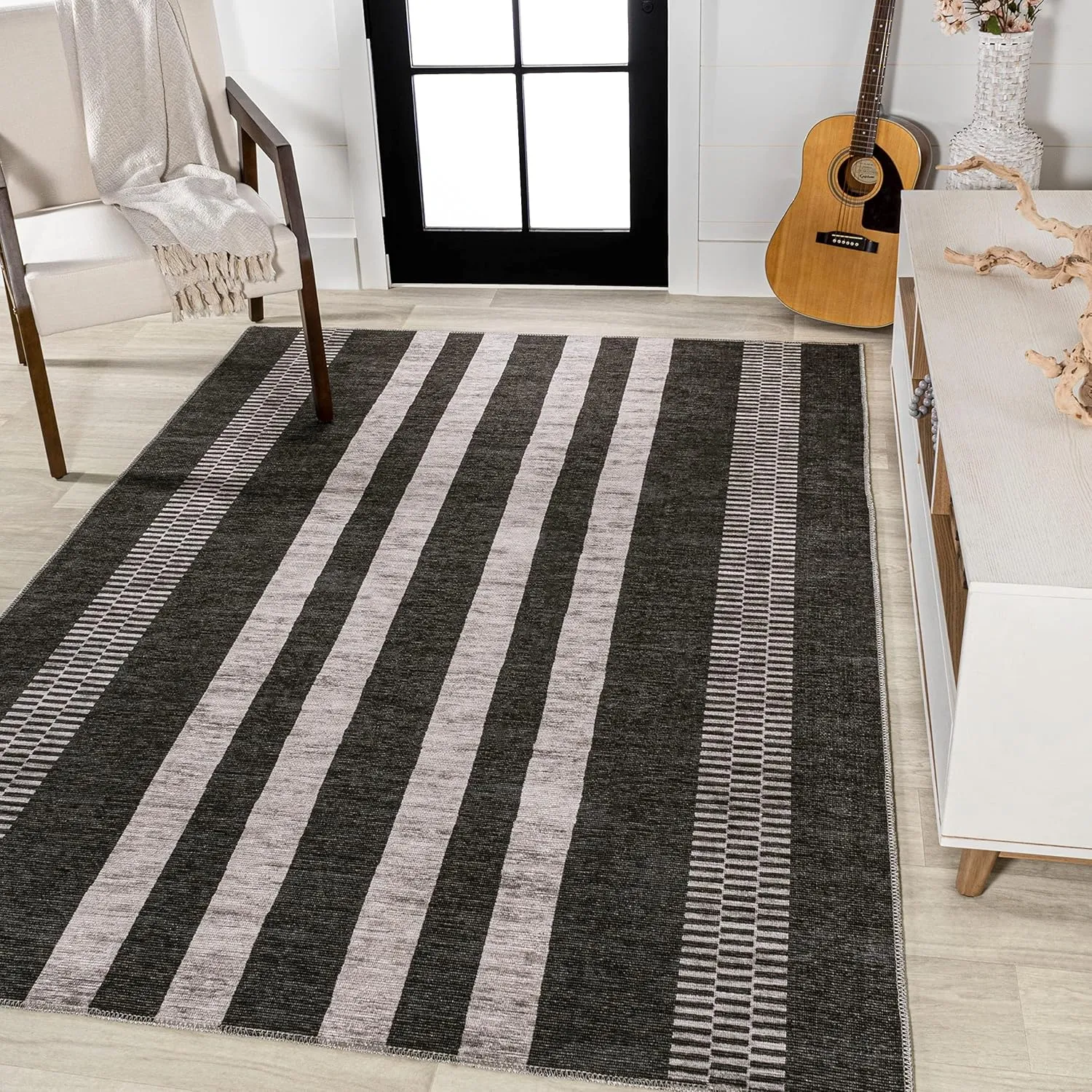 JONATHAN Y WSH122A-9 Vichy Geometric Striped Machine-Washable Indoor Area -Rug, Farmhouse Midcentury Rustic Easy -Cleaning,Bedroom,Kitchen,Living Room,Non Shedding, Ivory/Navy, 9 X 12