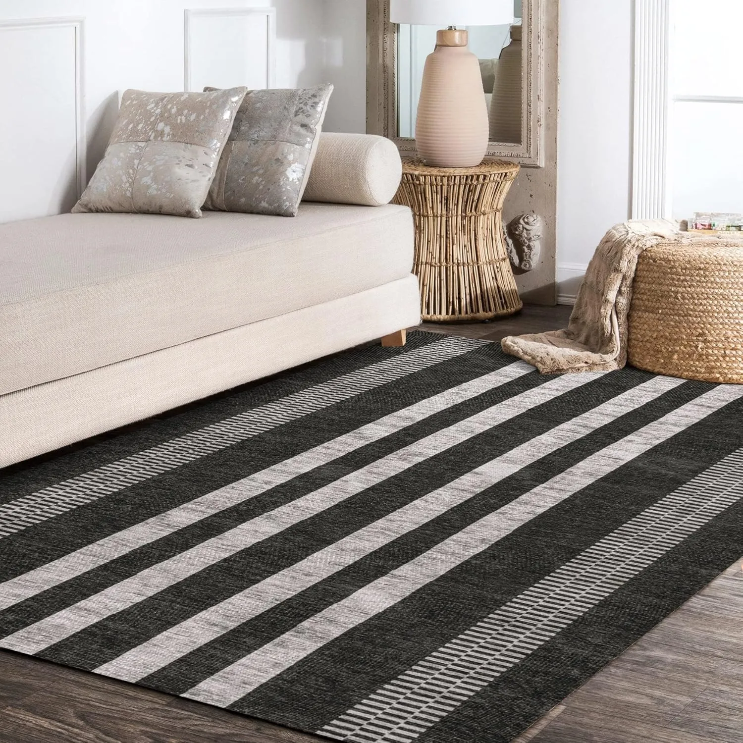 JONATHAN Y WSH122A-9 Vichy Geometric Striped Machine-Washable Indoor Area -Rug, Farmhouse Midcentury Rustic Easy -Cleaning,Bedroom,Kitchen,Living Room,Non Shedding, Ivory/Navy, 9 X 12