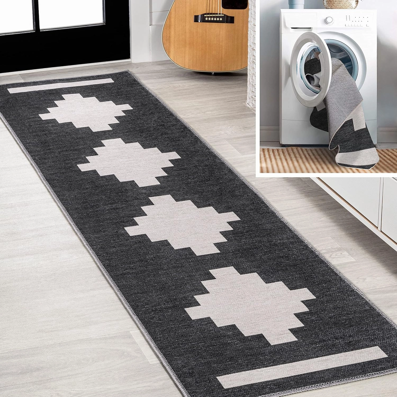 JONATHAN Y WSH111A-28 Adriel Geometric Tribal Medallion Machine-Washable Indoor Area -rug, Bohemian Southwestern Modern Easy -cleaning,Bedroom,Kitchen,Living Room,Non Shedding, Dark Green/Ivory, 2 X 8