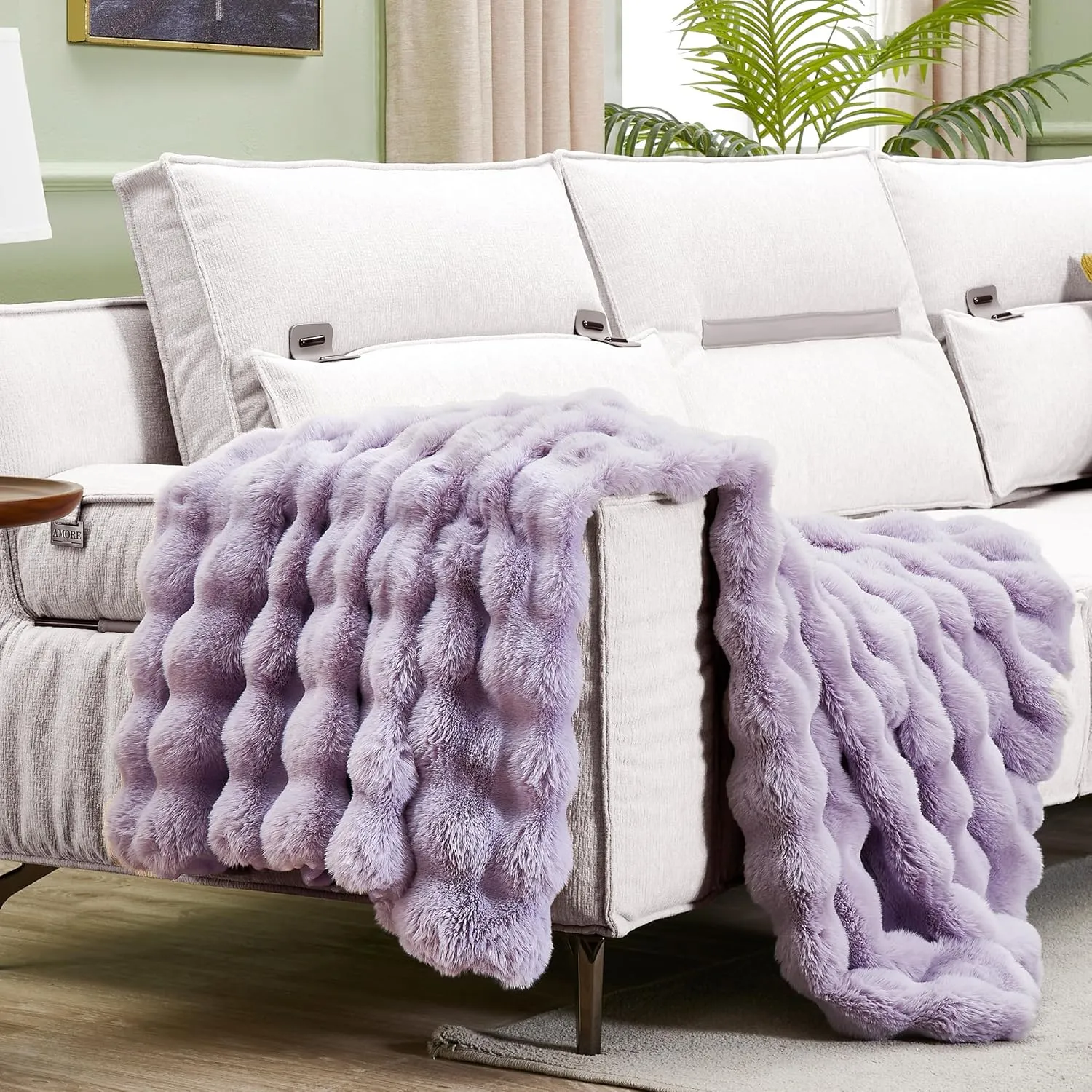 JONIYEAR Soft Fuzzy Bubble Faux Rabbit Fur Throw Blanket 50" x 60", Double Sided Aesthetic Warm Fluffy Blanket for Winter,Luxury Cozy Puffy Shaggy Plush Furry Blankets for Couch Sofa Bed, Lilac Purple